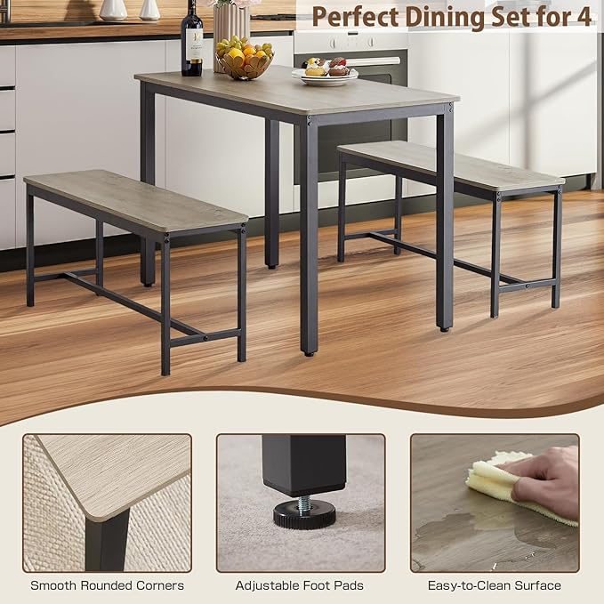 NicBex Dining Table Set for 4, 3 Piece Farmhouse Kitchen Table with 2 Benches, Small Breakfast Nook Table Set for Kitchen or Dining Room Grey