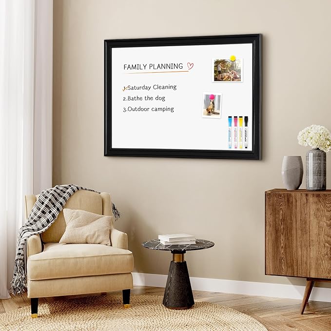 4 THOUGHT Dry Erase Board, 18 x 24 in Magnetic Whiteboard Black Vintage Wood Frame Wall-Mounted White Board Decorative Notice Board for School, Office, Home, Kitchen with 6 Magnets 4 Markers 1 Eraser