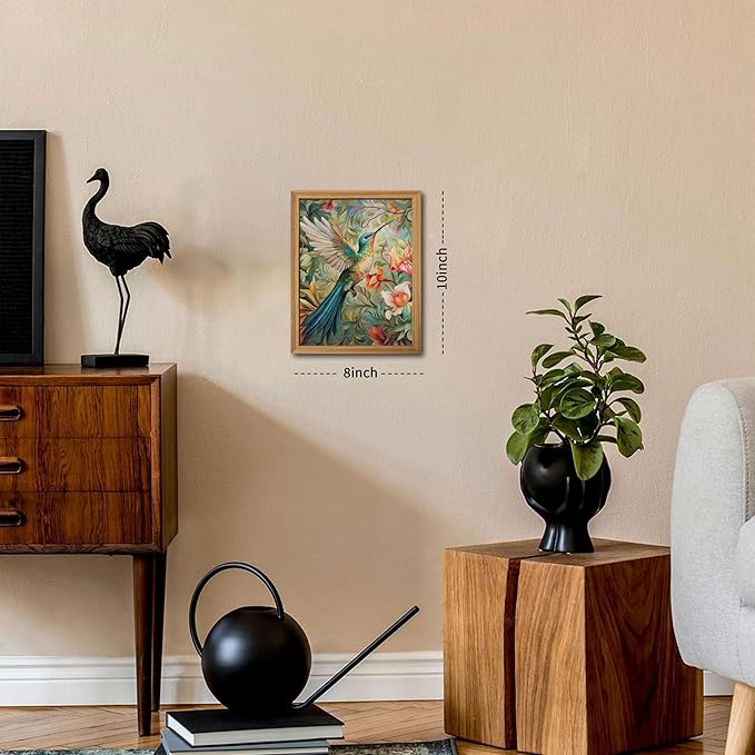 Framed Vintage 3D Textured Wall Art - Colorful Hummingbird Floral Wall Decor - Hand Painted Sandstone Nature Botanical Picture for Living Room Bedroom Home Decor 8x10 inch