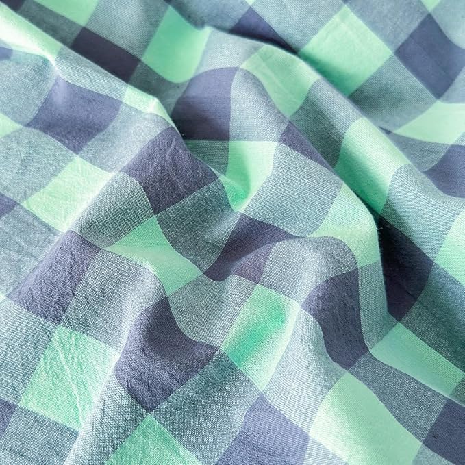 FACE TWO FACE Bedding Duvet Cover Set100% Washed Cotton Duvet Cover Linen Like Textured Breathable Durable Soft Comfy (Full, Blue Green Grid)