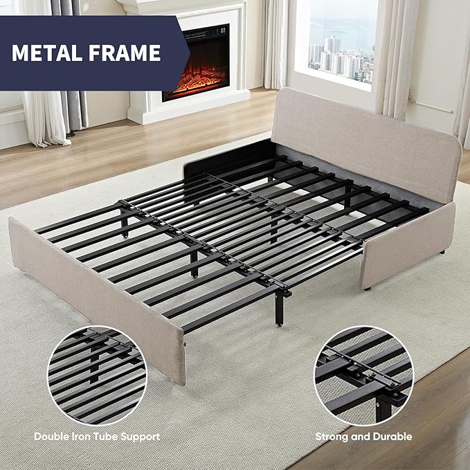 Queen Size Sofa Bed, Pull Out Sofa Bed with Cushions & Throw Pillows, Linen Couch Beds, Modern Convertible Sleeper Sofas Beds, Loveseat for Living Room for Small Spaces - Beige