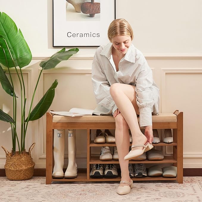 Hall Tree with Bench and Shoe Storage, Coat Rack Shoe Bench Set with Seat Cushion and 6 Hooks for Entryway, Hallway, Living Room and Bedroom