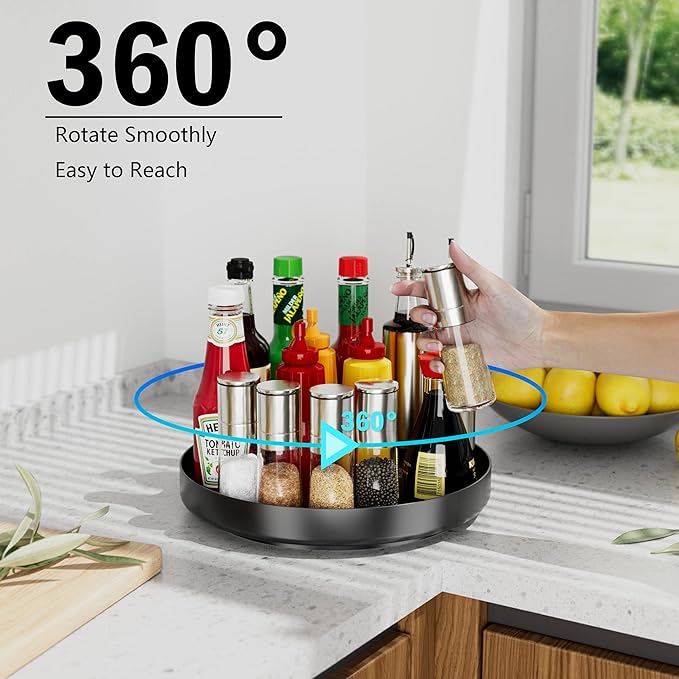 Ovicar Lazy Susan Turntable Organizer - 11 inch Rotating Spice Rack Metal Lazy Susan for Cabinet Pantry Kitchen Countertop Bathroom Refrigerator Table Storage, Black