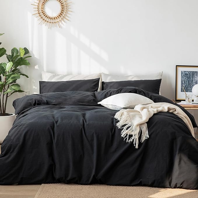 MooMee Bedding Duvet Cover Set 100% Washed Cotton Linen Like Textured Breathable Durable Soft Comfy (Solid Black, Twin 68"x90")