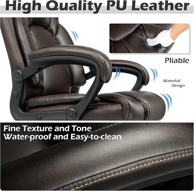 OUTFINE Office Chair Executive Office Chair Desk Chair Computer Chair with 5-Year hydrolysis-Resistant Leather Spring Cushion Ergonomic Support Tilting Function Upholstered in Bonded Leather (Brown)