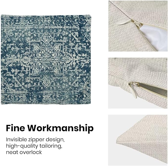 Boho Blue Throw Pillow Covers 18x18 Set of 2, Carpet Pattern Navy Blue Decorative Throw Pillow Covers Bohemia Linen Outdoor Cushion Cover for Sofa Couch Farmhouse Room Bed