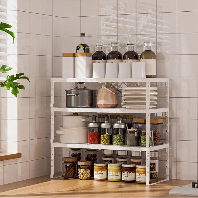 Cabinet Shelf,Expandable Adjustable Stackable Kitchen Organizer,for cabinets, Kitchens, countertops, bathrooms Shelf Organizer(1Pack/White,Large)