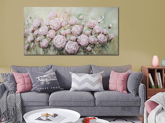 Arjun Pink Rose Wall Art Flower Canvas Painting 3D Textured Floral Silver Grey Artwork Living Room Modern Abstract Petals Tranquil Framed for Bedroom Home Office Wall Decor, Extra Large 58"x29"
