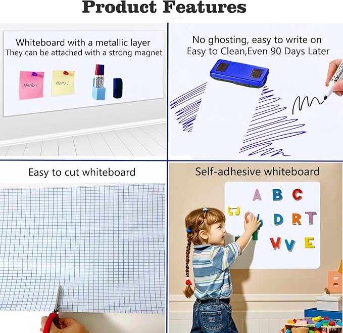 Magnetic Dry Erase Whiteboard Paper 16.5" x 24" Self Adhesive White Board Sticke with Marker, Magnetic Eraser, Magnets for Kid Whiteboard Stick Wall Peel and Stick Wallpaper Office Home