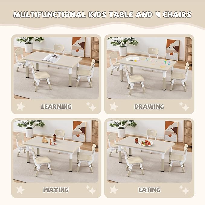 Adjustable Kids Table Chairs Set – Graffiti Desktop, Multi-Activity Height-Adjustable Toddler Study Desk for Ages 3-8 – Ideal for Home, Classroom, Daycare (W-Wood, 4 Chairs-47.2" L x 23.6" W)