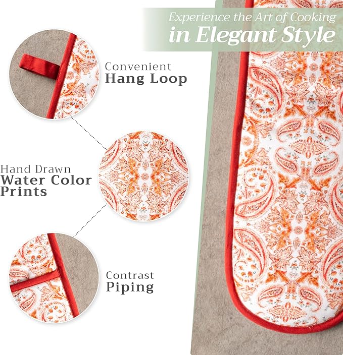 Maison d' Hermine Double Oven Mitt (7" x 35") 100% Cotton Heat Resistant BBQ Cooking Gloves with Loop for Thanksgiving Christmas Decorations Baking Cooking Barbeque Handling Hot Pan (Orient)