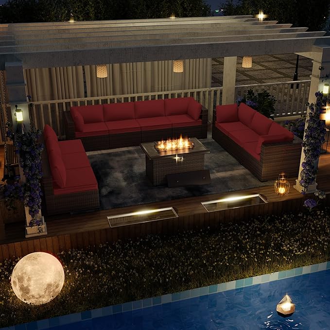 Kurapika 11 Pieces Patio Furniture Set, Rattan Wicker Outdoor Conversation Sets w/43in Propane Fire Pit Table and 4 Inch Cushion(Red)