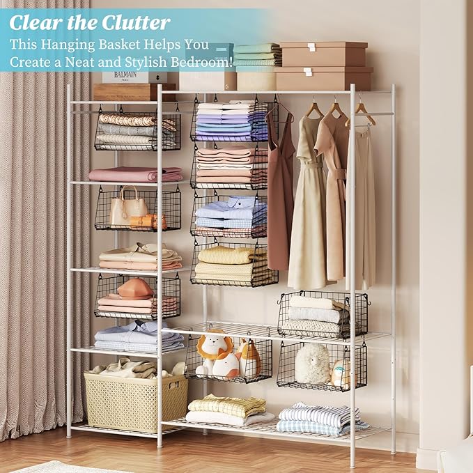 3-Tier Foldable Hanging Closet Organizer with 360° Rotating Hooks–Clothes Hanging Shelves for Small Spaces, Wire Basket Bin Storage for Closet Organizer System, Black