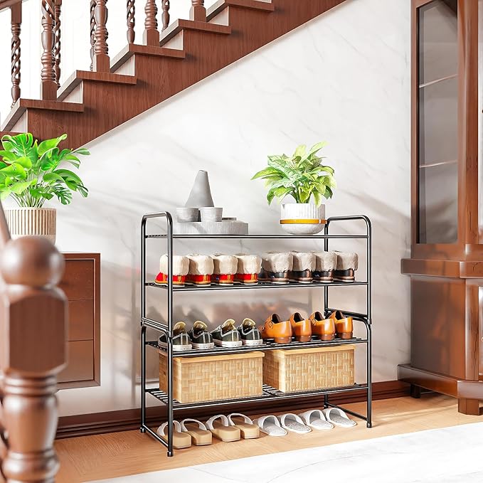 SUFAUY 2-Tier 33" Wide Shoe Rack, Closet Metal Shoe Rack Organizer Heavy Duty, Stackable, Black