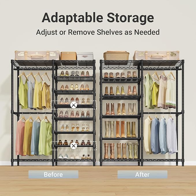 VIPEK S2 Heavy Duty Clothes Rack with Shoe Shelves Freestanding Clothing Rack with 6-Tier Shoe Rack, Double Hanging Rod, Adjustable Shelf, Walk in Closet Organizer Garment Rack, Black