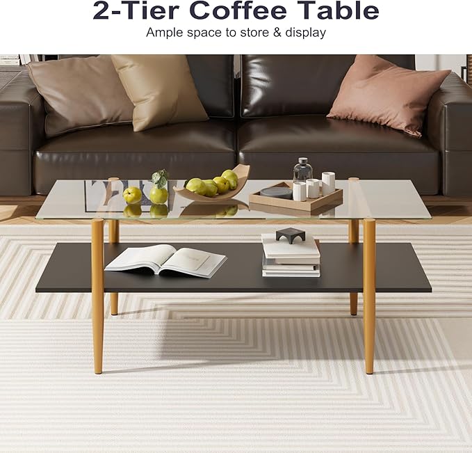 Glass Coffee Table, Rectangle Living Room Center Table with Golden Legs, Mid-Century Modern Accent Tables with Open Shelf for Living Room, Office, Black