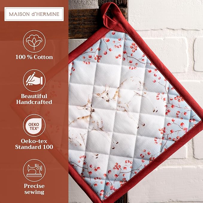 Maison d' Hermine Pot Holders 100% Cotton Heat Resistant Potholders 8" x 8" Hot Pads with Loop for Thanksgiving Christmas Decorations BBQ Cooking Handling Hot Pans (Pack of 1, Fairy Tale Forest)