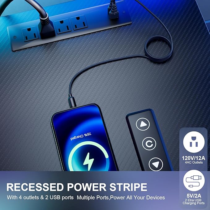 55 Inch Gaming Desk, Smart Computer Gamer Desk with LED Lights & Mouse Pad, Gaming Table with Power Outlet, Monitor Stand, Side Hook, Ergonomic Work Desks for Home Office, Carbon Fiber Black