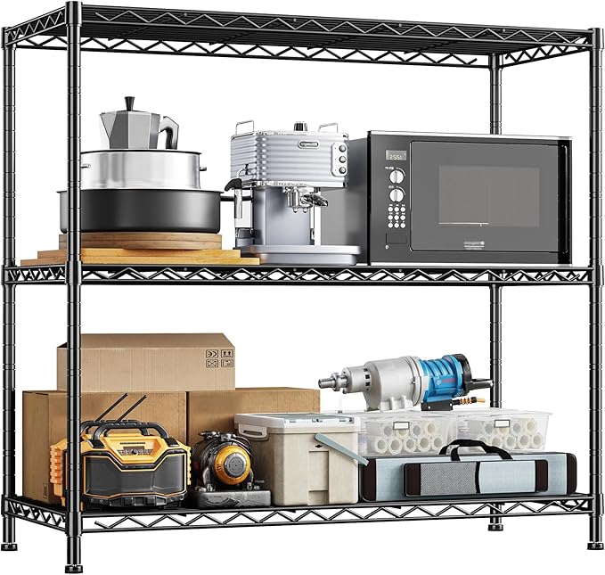 3- Shelf Metal Shelving Unit Adjustable Storage Shelves Heavy Duty Garage Shelving Steel Wire Shelving for Laundry Bathroom Kitchen Pantry Closet Garage Black, 35.6Wx14Dx36H