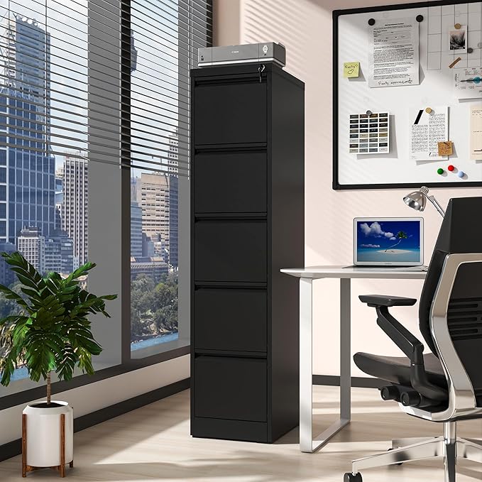 AQY 5 Drawer File Cabinet with Lock, Metal Black Filing Cabinets for Home Office, 18" Deep Heavy Duty Vertical Storage Cabinet for Hanging A4/Letter/Legal Size Files, Assembly Require