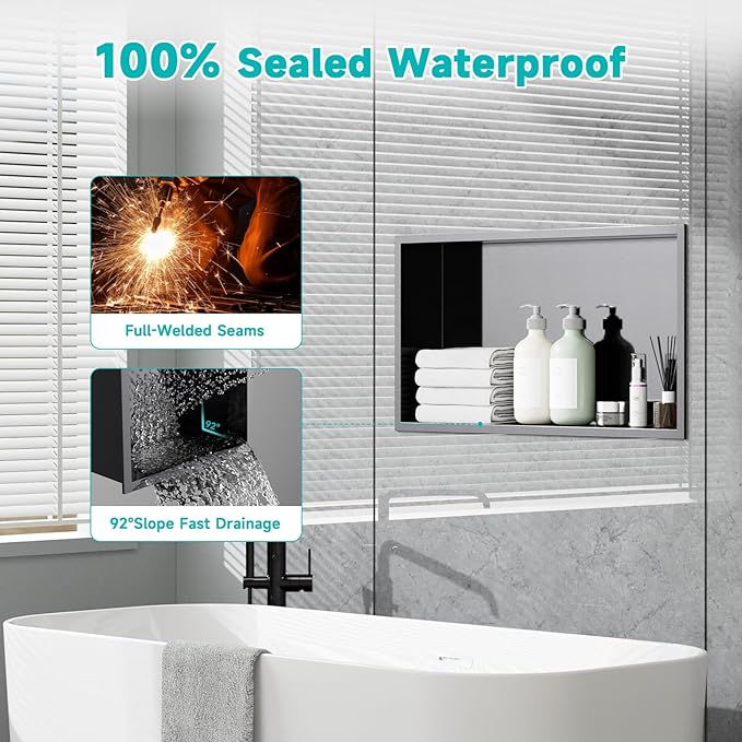 Stainless Steel 12"x24" Shower Niche - No Tile Needed Recessed Wall Niche Waterproof for Walk in Shower Bathroom Storage, Black