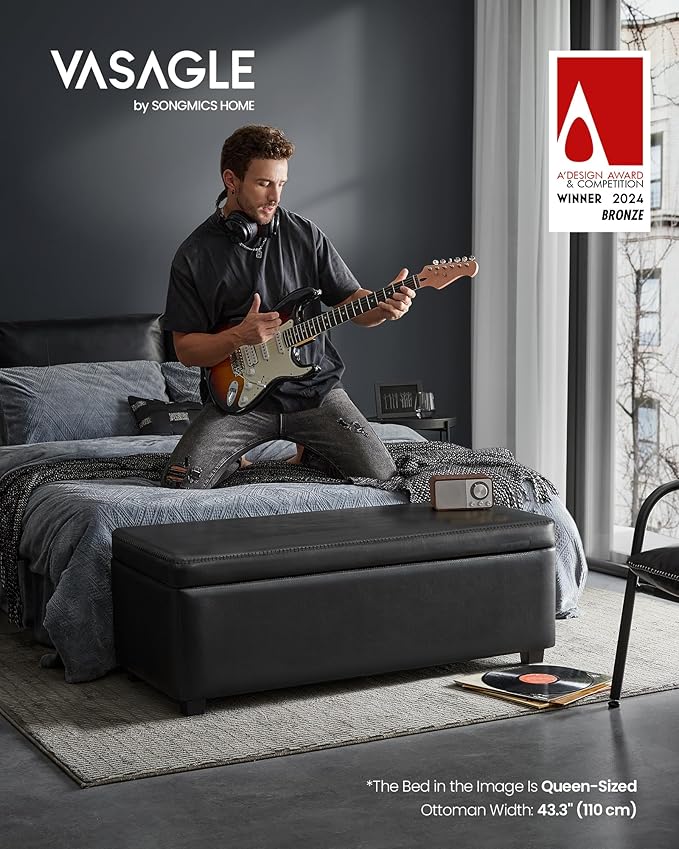 VASAGLE EKHO Collection - Storage Ottoman Bench, Entryway Bedroom Bench, 25 Gallons, Synthetic Leather with Stitching, Mid-Century Modern, Safety Hinges, Loads 660 lb, Ink Black ULOM075B01