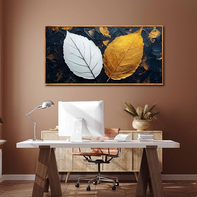Leaves Wall Art for Living Room, Black White and Gold Canvas Wall Decor for Bedroom, Picture Print Artwork, Large Size 59 x 29 Inches Framed