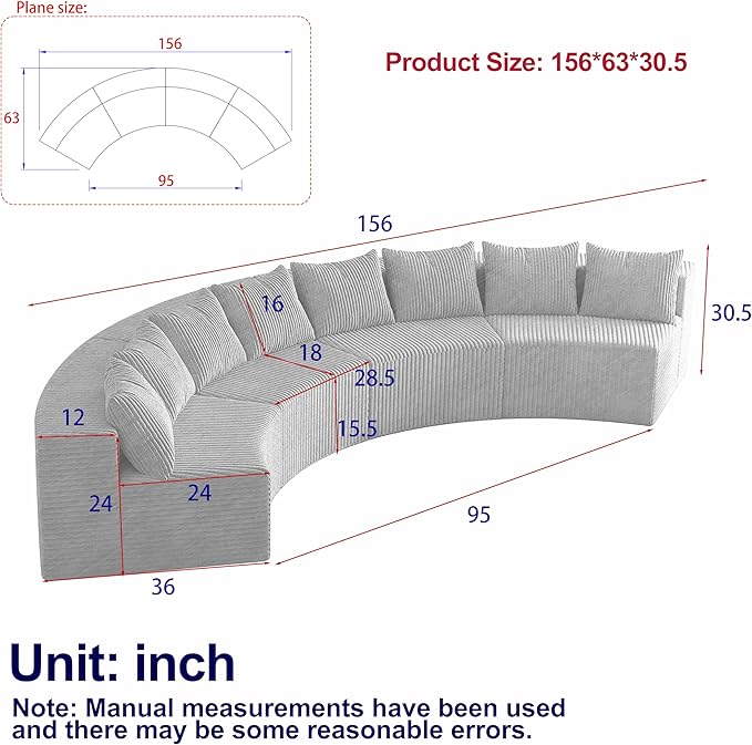 KEIKI Corduroy Curved Sectional Sofa, 4 Seater Symmetrical Modular Semi Circular Couch, Deep Seat Tufted Corner Sofa for Living Room, Lobby, Beige