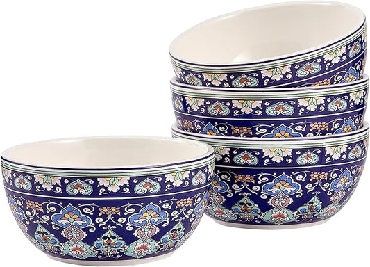 Bico Mandala Kaleidoscope Cereal Bowls Set of 4, 26 oz Deep Ceramic Soup Bowls for Cereal, Salad, Noodles, Kitchen, Microwave and Dishwasher Safe, Gift for Housewarming and Thanksgiving