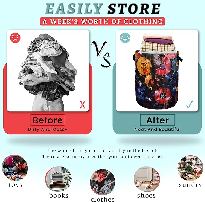 Colorful Music Graffiti Laundry Basket Foldable With Handles Tote Bag Oxford Cloth Funny Laundry Hamper 18.9" x 16.5" Clothes Storage Bucket Toy Organizer For Bathroom/Laundry/Bedroom