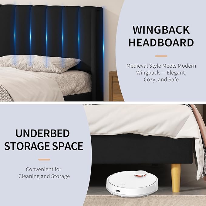 Twin Size Upholstered Platform Bed Frame with Modern Wingback & Vertical Panel Headboard, Linen Fabric, Wooden Legs & Slats Support, No Box Spring Needed, Noise-Free & Easy Assembly, Black