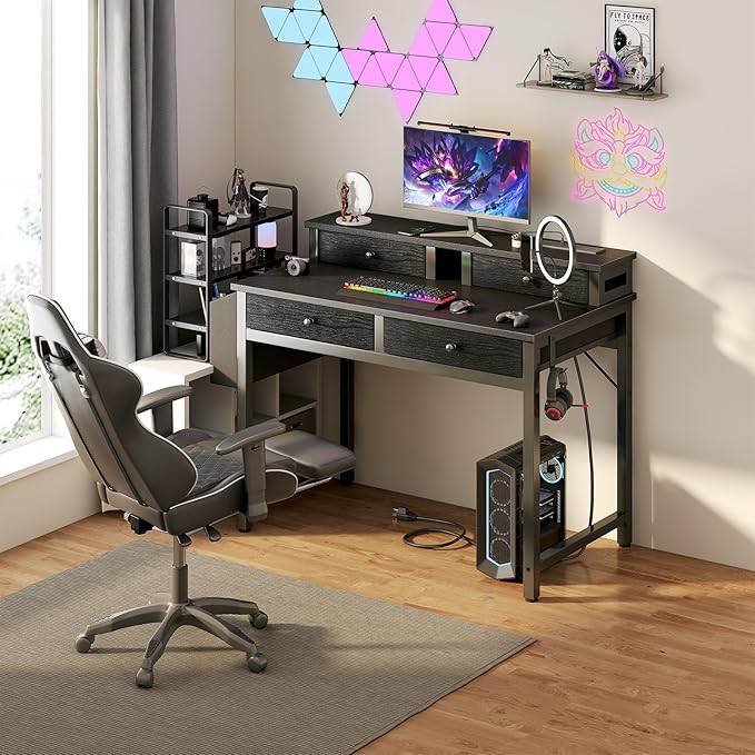 Lufeiya Small Desk with Drawers for Home Office Bedroom, 31 inch Black Writing Study Desks with Fabric Drawers Storage, Gaming Desk Table with Power Outlet & Monitor Stand, Black