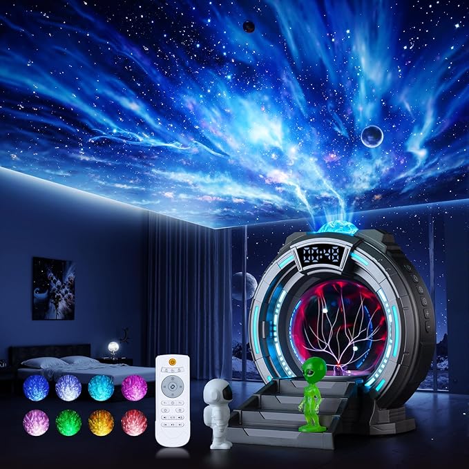 Space Portal Plasma Ball Night Light, LED Galaxy Projector Alien Lamp with White Noise, Bluetooth Music Speaker Alarm Clock,Remote,Star Light for Kids Room Decor Lamp, Christmas/Birthday Gift.(Gray)
