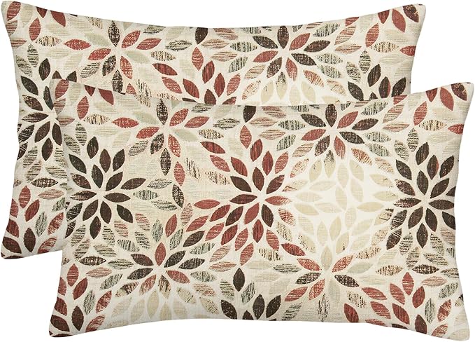 Burgundy Red Brown Pillow Covers 12x20 Inch Set of 2 Summer Rust Geometric Flower Outdoor Decorative Throw Pillows Farmhouse Dahlia Pillow Case Linen Lumbar Cushion Cover for Home Sofa Bedroom
