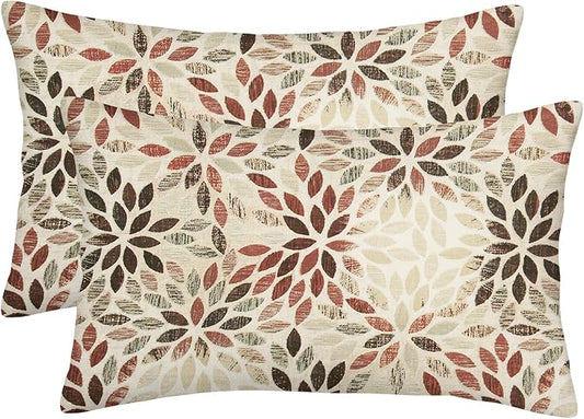 Burgundy Red Brown Pillow Covers 12x20 Inch Set of 2 Summer Rust Geometric Flower Outdoor Decorative Throw Pillows Farmhouse Dahlia Pillow Case Linen Lumbar Cushion Cover for Home Sofa Bedroom
