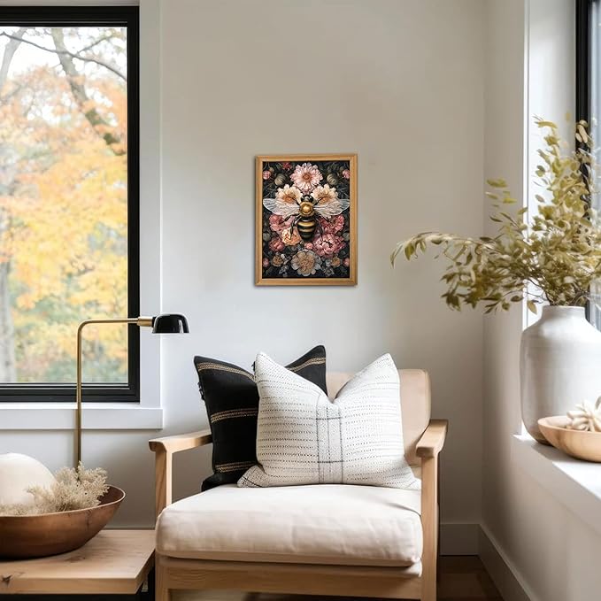 Framed Vintage 3D Textured Wall Art - Dark College Bee Flowers Wall Decor - Hand Drawn Sandstone Nature Botanical Pictures for Living Room Bedroom Home Decor 8x10in