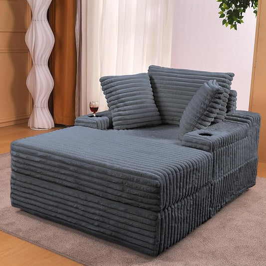 Garvee Grey Oversized Chaise Lounge Chair Indoor with Storage Ottoman, Upholstered Corduroy Sofa Bed Cloud Couch with 3 Pillows, Single Sleeper Sofa Chair for Living Room, Bedroom
