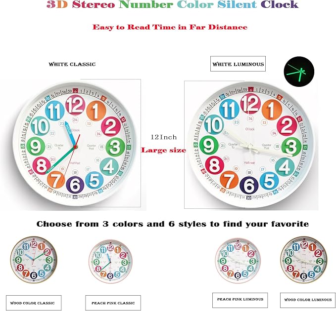 Learning Time Clock for Kids,12 Inch 3D Numbers Colorful Face Silent Clocks，Bedroom,Kitchen,Classroom,Décor at School, Clear Digital Wall Clock for Kids Room (3D White Classic)