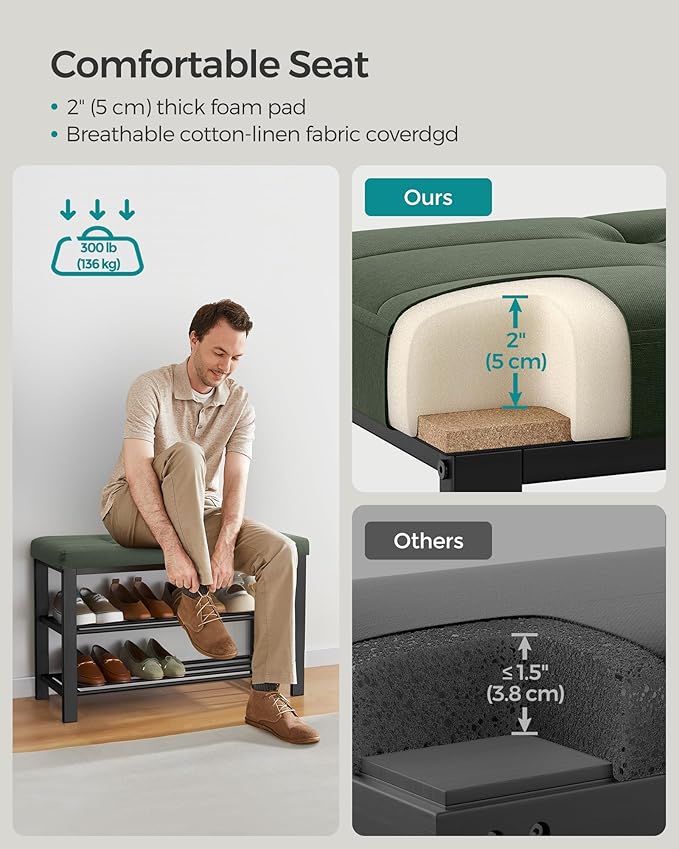 SONGMICS Shoe Bench, Storage Bench, Entryway Bench with Cushion, Shoe Shelf with Seat, Space-Saving, Modern Style, for Living Room, Bedroom, Hallway, Forest Green and Ink Black ULBS057C01