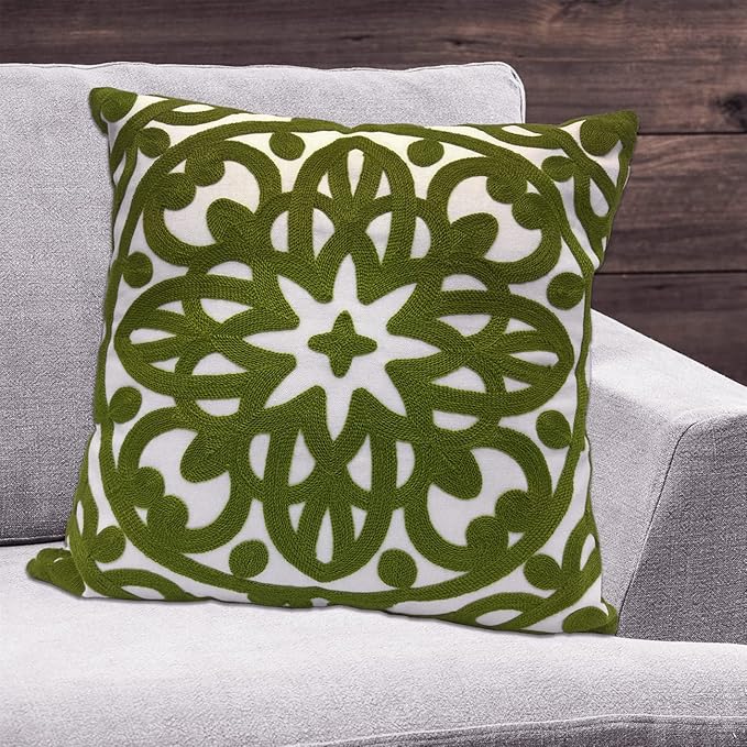 Alysheer Embroidered Decorative Throw Pillow Cover 18x18 inch, Cozy Boho Mandala Chic Knit Pattern, Soft 100% Cotton Canvas Cushion for Sofa Couch Living Room Bedroom(Olive Green)