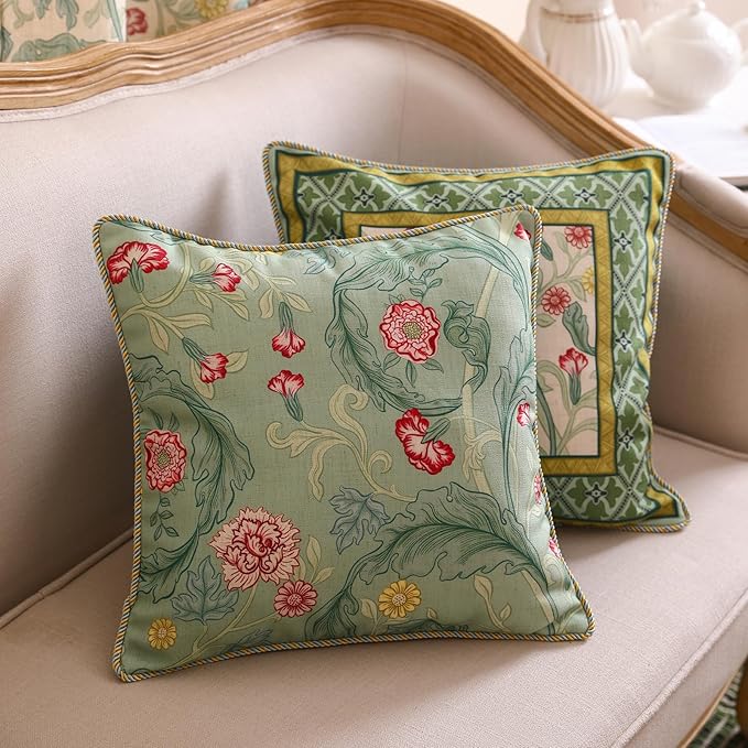 patdrea Designer Pack of 2 Square Throw Pillow Covers,French Vintage Rustic Linen with Green Floral Pattern Pillows Cover,Decorative Pillowcases Cushion for Bed Living Room Outdoor Car,18"x18"