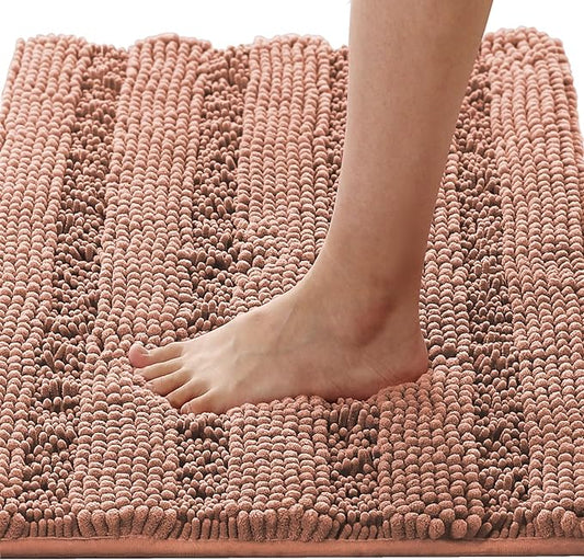 H.VERSAILTEX Bathroom Rugs Bath Rugs for Bathroom Non Slip Bath Mats Extra Thick Chenille Striped Rug 17" x 24" Absorbent Soft Shaggy Washable Dry Fast Bath Mats - Muted Clay