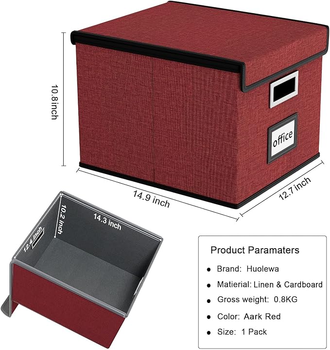 Huolewa File Storage Organizer Box with lid, Decorative Small Oragnizer Boxes for Hanging File, Linen Filing Box Cabinet with Plastic Slides for Office/Decor/Home Organization