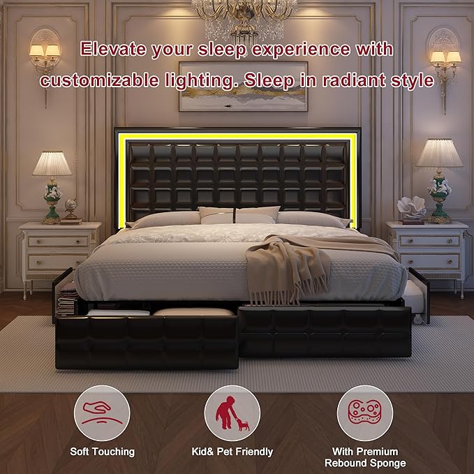 Queen Bed Frame with LED Lights & Storage Drawers, No Box Spring Needed, Heavy Duty 900lbs Weight Capacity, Easy Assembly, Modern Upholstered Platform Bed, PU Black