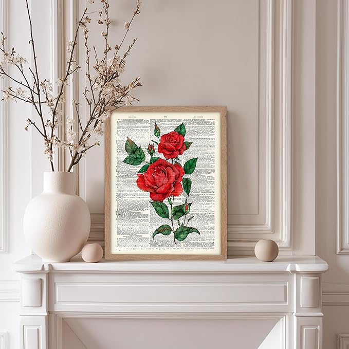 Poster Master Dictionary Art Poster - Red Roses Print - Flower Art - Floral Art - Gift for Men, Women & Florist - Minimal Decor for Living Room, Bedroom, Dorm or Flower Shop, 11x14 Beige Framed