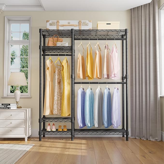 VIPEK V2 Clothes Rack for Hanging Clothes, Heavy Duty Closet Rack with 4 Tiers Wire Shelving & 3 Hanging Rods, Free Standing Closet Wardrobe, 45" Lx16.5 Wx76.4 H, Max Load 700LBS, Black