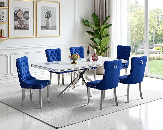 Goujxcy Luxury Dining Table Set for 6 Modern 7 Piece Faux Marble Dining Table Set with 6 Tufted Upholstered Chairs, 70" Faux Marble Kitchen Table & 6 Chairs with Mirrored Stainless Steel Base
