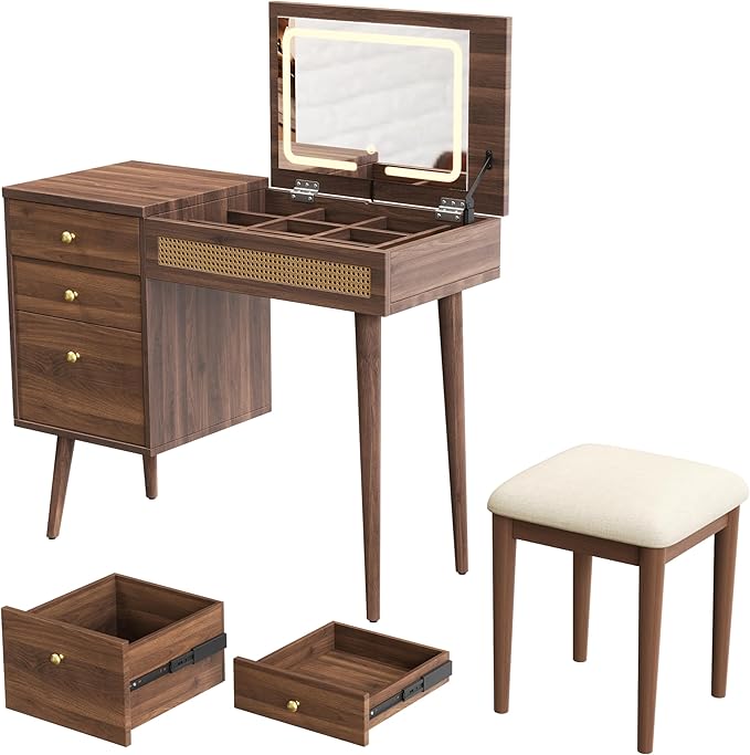 Merax 39" Retro Bohemian Style Vanity Desk, Makeup with Mirror & LED Lights, 3 Drawers & 10 Compartments Storage Dressing Table with Flip-Top Tabletop, Walnut