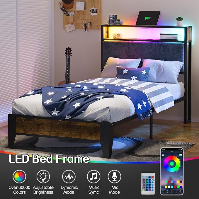 OLEVS Twin Bed Frame with LED Light Storage Headboard and Charging Station Type C, Metal Platform Bed Twin Size,No Box Spring Needed, Noise Free, Easy Assembly