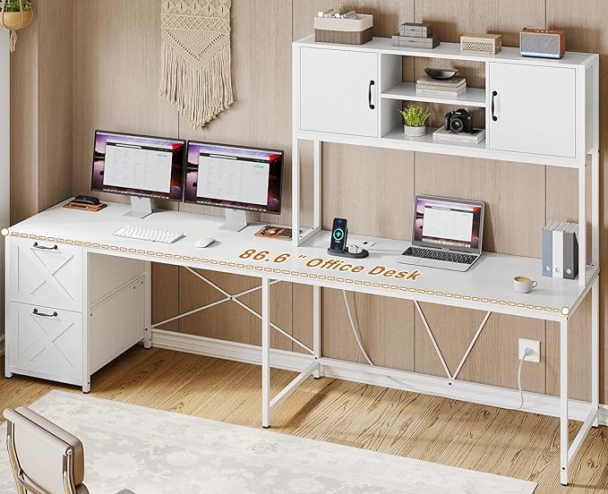 SEDETA White L Shaped Office Desk, Farmhouse Home Office Desk with Fabric File Drawers and Power Outlet, Corner Gaming Desk with LED Lights, Hutch and Storage Shelves